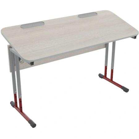 Стол ученический двухместный с закругленными углами и регулируемым  наклоном столешницы (дуб шамони светлый/серый/красный, рост 3-7)