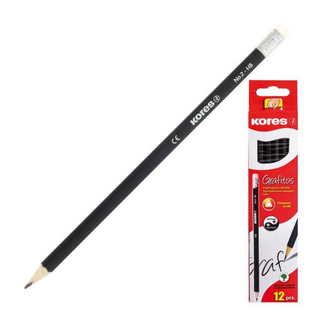 Карандаш Kores, HB, с ластиком, заточенный