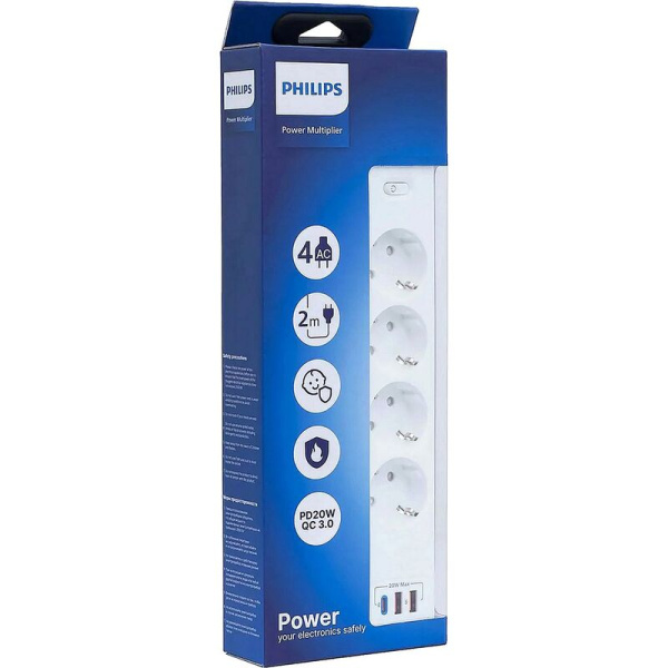 Сетевой фильтр Philips CHP4346WA/51 на 4 розетки 2 метра + 2 USB