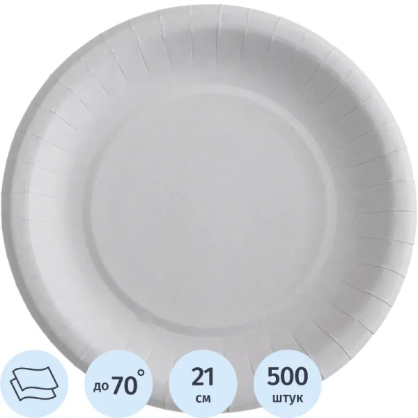 Тарелка одноразовая бумажная 210 мм белая 500 штук в упаковке Тарелка одноразовая бумажная 210 мм белая 500 штук в упаковке