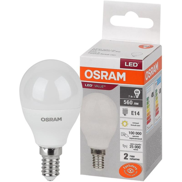 Лампа светодиодная Osram 7 Вт Е14 (Р, 3000 К, 560 Лм, 220 В,  4058075579620)