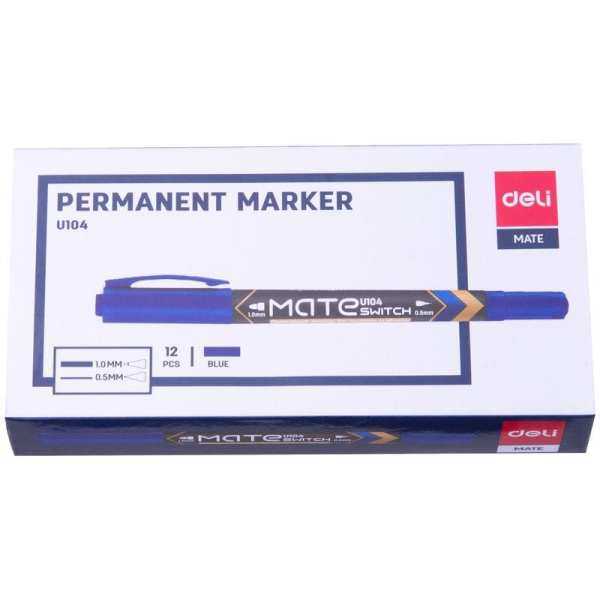 Маркер перманентный двусторонний Deli Mate синий (толщина линии 0.5 мм,  1 мм) круглый наконечник