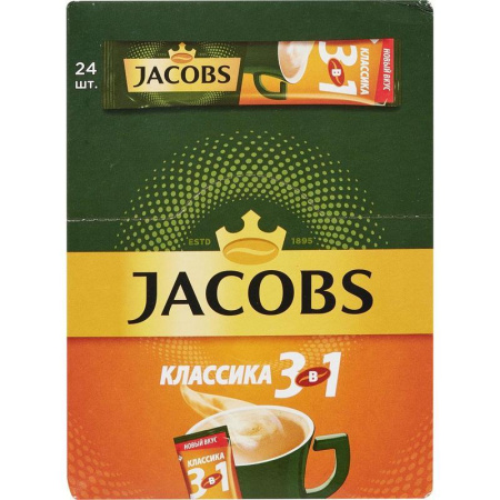 Кофе порционный растворимый Jacobs 3 в 1 Классика 24 пакетика по 12 г