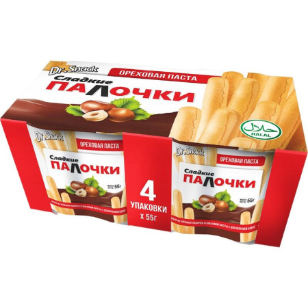 Паста ореховая Dr.Snack с какао и хлебными палочками (4 штуки по 55 г)