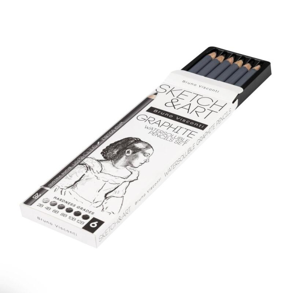 Набор чернографитных карандашей (2-12B) заточенных Sketch&Art  четырехгранных (6 штук в наборе)
