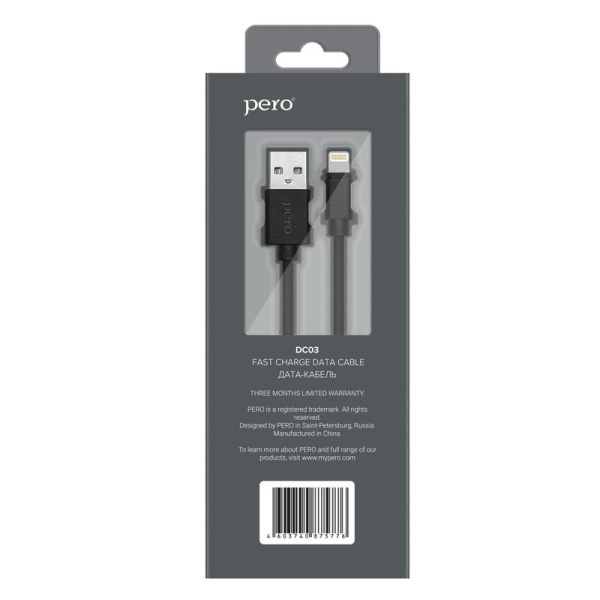 Кабель PERO, DC-03, 8-pin Lightning, 2.4А, 1м,  черный