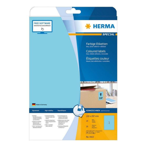 Этикетки самоклеящиеся Herma голубые 210х297 мм (1 штука на листе А4, 20  листов в упаковке)