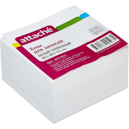 Блок для записей Attache  90x90x50 мм белый (плотность 100 г/кв.м) Блок для записей Attache  90x90x50 мм белый (плотность 100 г/кв.м)