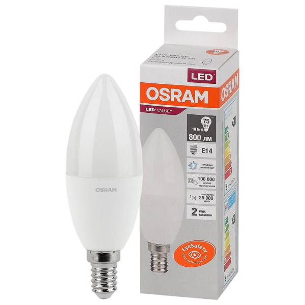 Лампа светодиодная Osram LED Value B свеча 10Вт E14 6500K 800Лм 220В  4058075582217