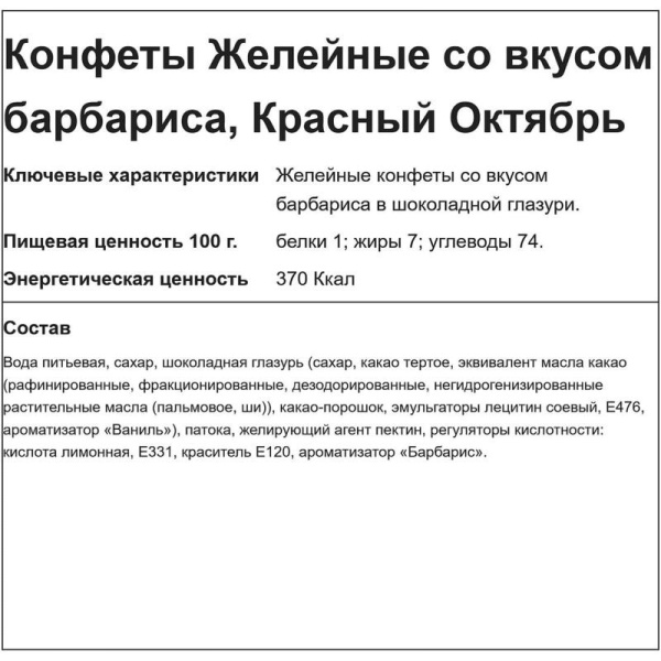 Конфеты шоколадные Красный Октябрь Желейные барбарисовый вкус 250 г