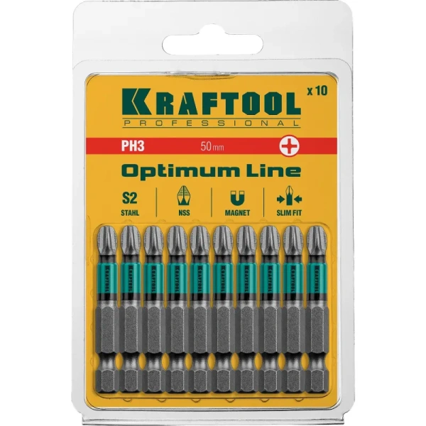 Бита магнитная Kraftool Optimum Line PH3 x 50 мм (10 штук в упаковке,  26122-3-50-10)