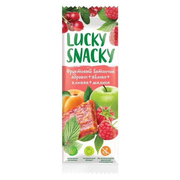 Батончик фруктовый Lucky Snacky абрикос/яблоко/клюква/малина (24 штуки по 30 г)