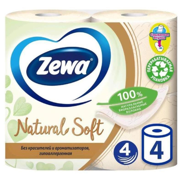Бумага туалетная Zewa Natural Soft 4-слойная белая (4 рулона в упаковке)
