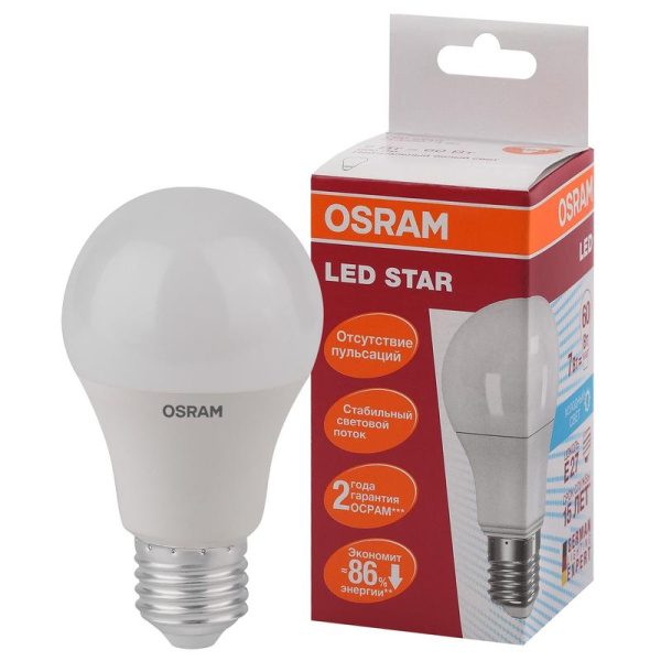 Лампа светодиодная Osram Led Star A груша 7Вт E27 4000K 600Лм 220В  (4058075527652)