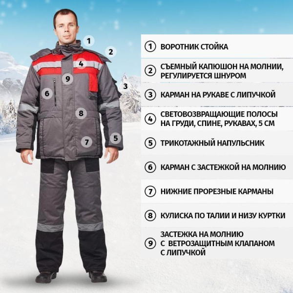 Костюм рабочий зимний мужской з33-КПК с СОП серый/красный (размер 60-62, рост 170-176)