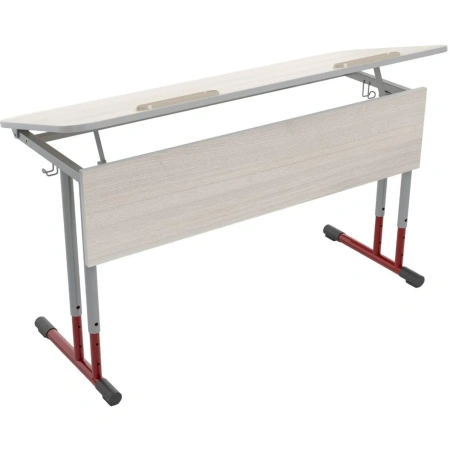 Стол ученический двухместный с закругленными углами и регулируемым  наклоном столешницы (дуб шамони светлый/серый/красный, рост 3-7)