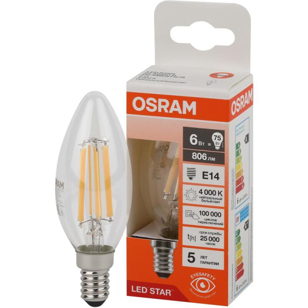 Лампа светодиодная Osram 6 Вт Е14 (В, 4000 К, 806 Лм, 220 В,  4058075684843)