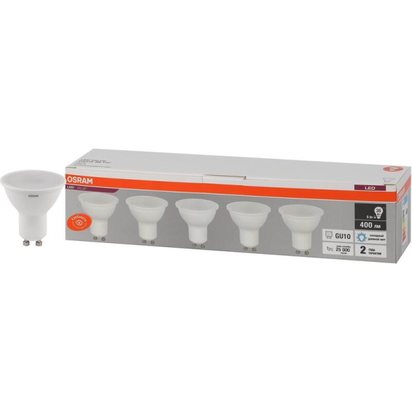 Лампа светодиодная Osram 5 Вт GU10 (PAR, 6500 К, 400 Лм, 220 В, 5 штук в  упаковке, 4058075584839)