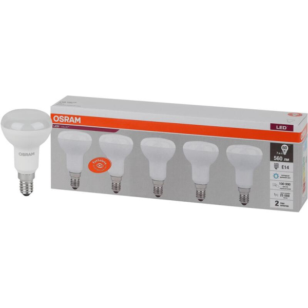 Лампа светодиодная Osram 7 Вт Е14 (R, 6500 К, 560 Лм, 220 В, 5 штук в  упаковке, 4058075583993)