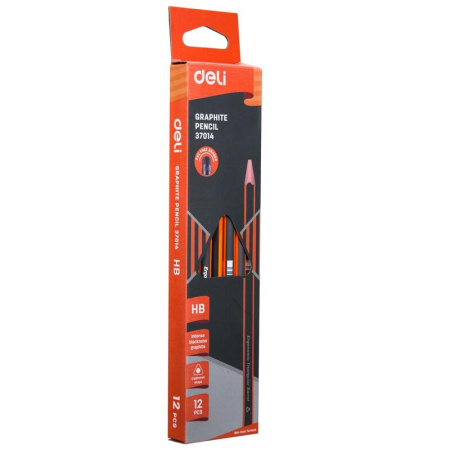 Карандаш чернографитный HB с ластиком Deli E37014 заточенный трехгранный