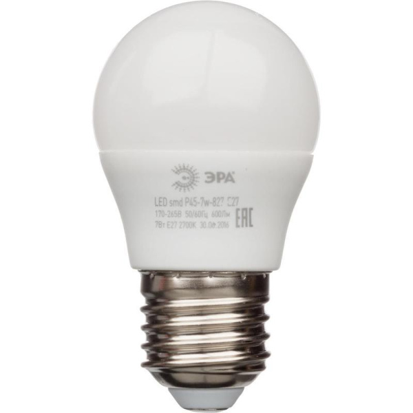 Лампа светодиодная Эра 7Вт E27 сферическая 2700k теплый белый свет