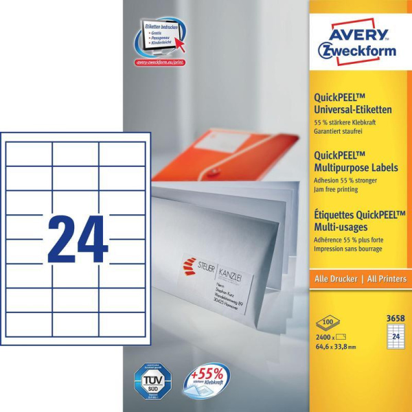Этикетки самоклеящиеся Avery Zweckform белые 64.6х33.8 мм (24 штуки на листе A4, 100 листов, артикул производителя 3658)