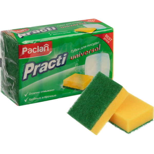 Губка для посуды Paclan Practi Universal поролон 9x6 см с абразивным  слоем (5 штук в упаковке)