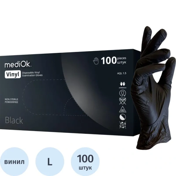 Перчатки медицинские смотровые виниловые MediOk нестерильные  неопудренные размер L (8-9) чёрные (50 пар/100 штук в упаковке)