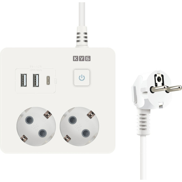Удлинитель Power Cube 2 розетки + USB 1.9 м с заземлением и выключателем  (PC-1-2M)