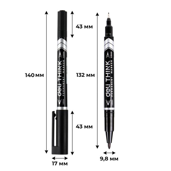 Маркер перманентный двусторонний Deli Think черный (толщина линии 0.5-1  мм) круглый наконечник