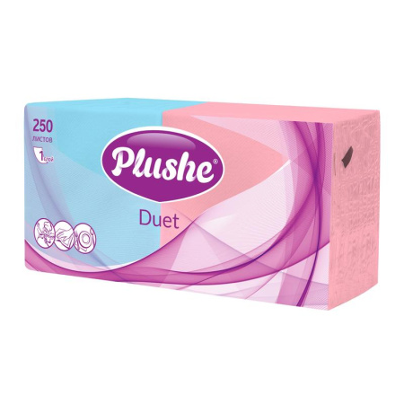 Салфетки бумажные Plushe Duet 24х24 см в ассортименте 1-слойные 250 штук  в упаковке