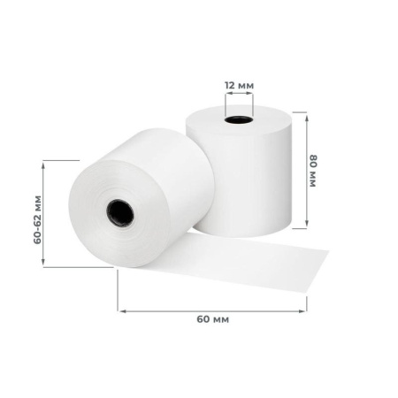 Чековая лента из термобумаги 80 мм (диаметр 60-62 мм, намотка 60 м,  втулка 12 мм, 60 штук в упаковке)