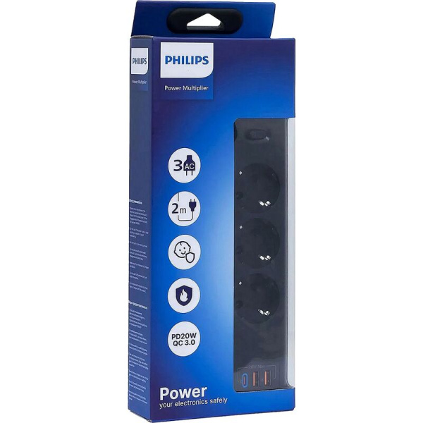 Сетевой фильтр Philips CHP4336BA/51 на 3 розетки 2 метра + 2 USB