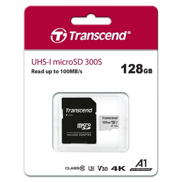 Карта памяти 128 ГБ micro SDXC Transcend TS128GUSD300S-A Class 10 UHS-I U3