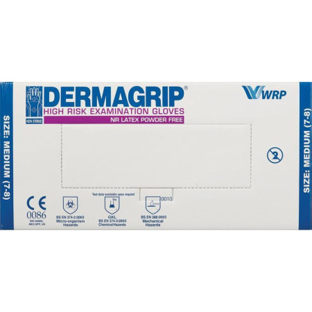 Перчатки медицинские смотровые латексные Dermagrip High Risk нестерильные неопудренные размер M (50 штук в упаковке)