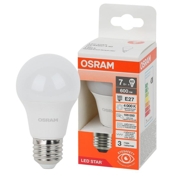 Лампа светодиодная Osram LS CLA60 груша 7 Вт E27 4000K 600Лм 170-250 В  (4058075695689)