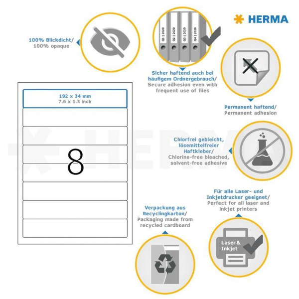 Этикетки самоклеящиеся Herma для папок-регистраторов белые 192х34 мм 8  штук на листе (25 листов в упаковке)