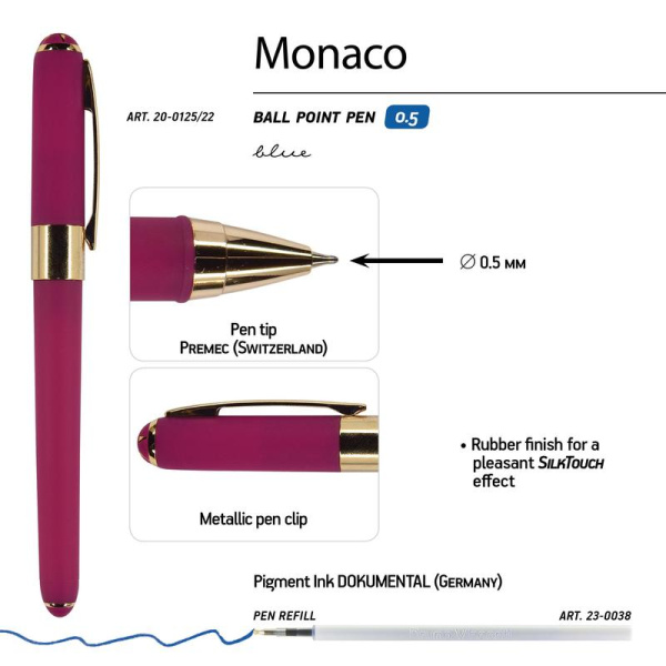 Ручка шариковая неавтоматическая Bruno Visconti Monaco синяя (пурпурный  корпус, толщина линии 0.4 мм)