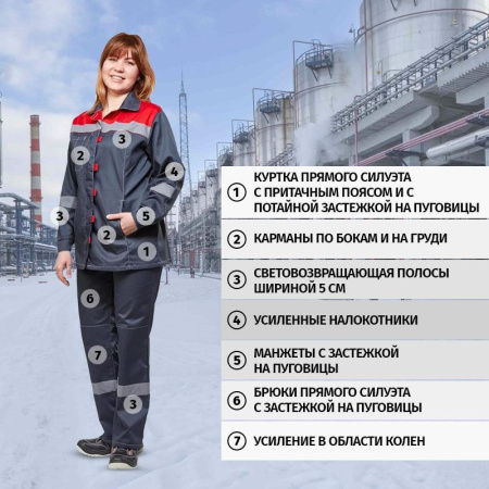 Костюм рабочий летний женский л20-КБР с СОП серый/красный (размер 52-54, рост 170-176)
