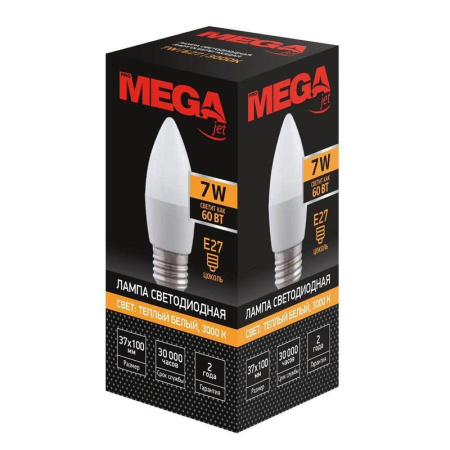 Лампа светодиодная Mega 7 Вт E27 свеча 3000 К теплый белый свет Лампа светодиодная Mega 7 Вт E27 свеча 3000 К теплый белый свет