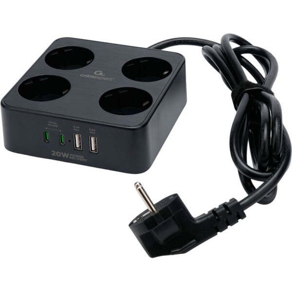 Сетевой фильтр Cablexpert Plate на 4 розетки 2 метра + 2 USB  (PLT-4-C2U2-B-2)
