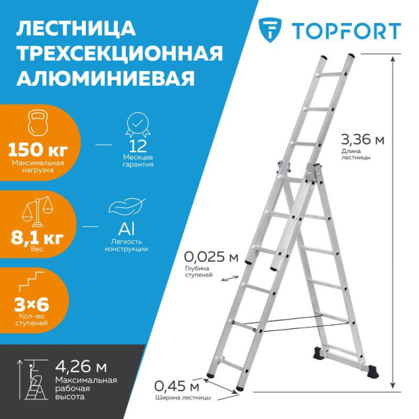 Лестница универсальная Topfort алюминиевая трехсекционная 3x6 ступеней   (1688093)