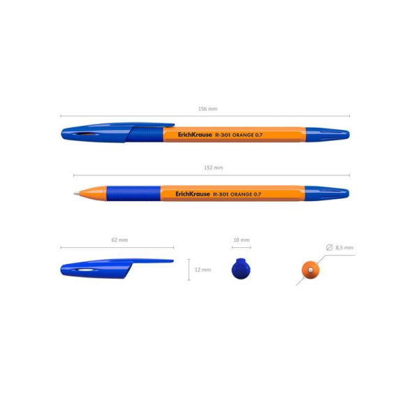 Ручка шариковая неавтоматическая ErichKrause R-301 Orange Stick&Grip синяя (толщина линии 0.35 мм)