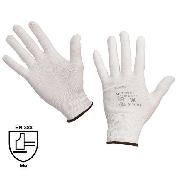 Перчатки защитные нейлоновые без покрытия белые (класс вязки 13, размер  9, L)