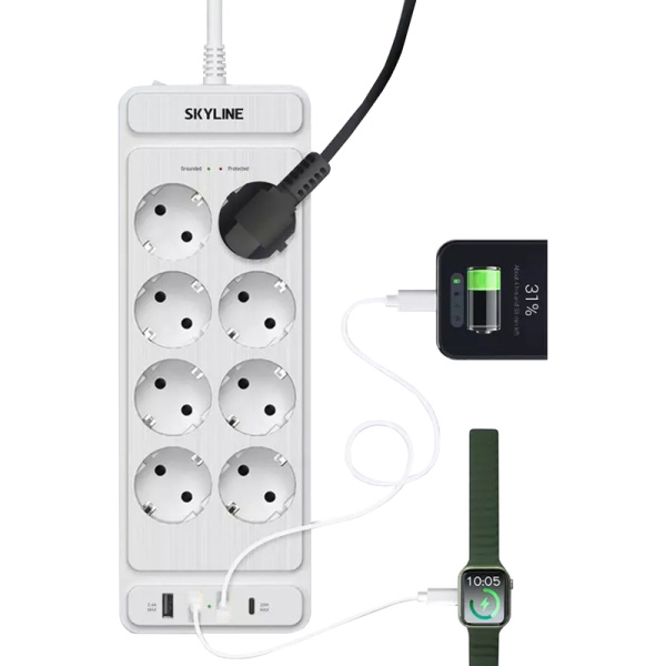 Сетевой фильтр Skyline USP-830 на 8 розеток + 3 USB 3 метра белый  (S00003694)