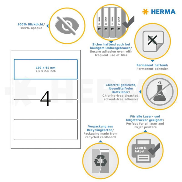 Этикетки самоклеящиеся для папок-регистраторов Herma 192х61 мм белые 4  штуки на листе (25 листов в упаковке)