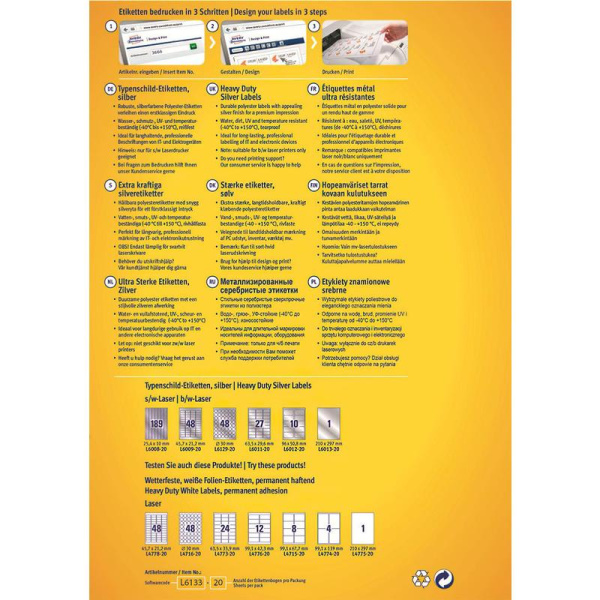 Этикетки самоклеящиеся Avery Zweckform для инвентаризации серебристые 70х37 мм (24 штуки на листе, 20 листов, артикул производителя L6133-20)