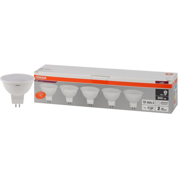 Лампа светодиодная Osram 10 Вт GU5.3 (MR, 4000 К, 800 Лм, 220 В, 5 штук  в упаковке, 4058075585133)