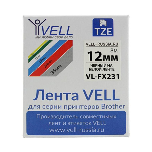 Картридж Vell VL-FX231 для принтера этикеток Brother (12 мм x 8 м, цвет  ленты  белый, шрифт черный)