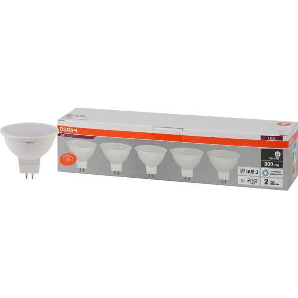 Лампа светодиодная Osram 10 Вт GU5.3 (MR, 6500 К, 800 Лм, 220 В, 5 штук  в упаковке, 4058075585164)